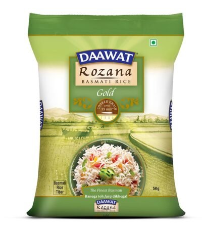 Daawat Rozana Gold Basmati Rice 5Kg| For Everyday Consumption| Cooked Grain Upto 15mm*| Naturally Aged