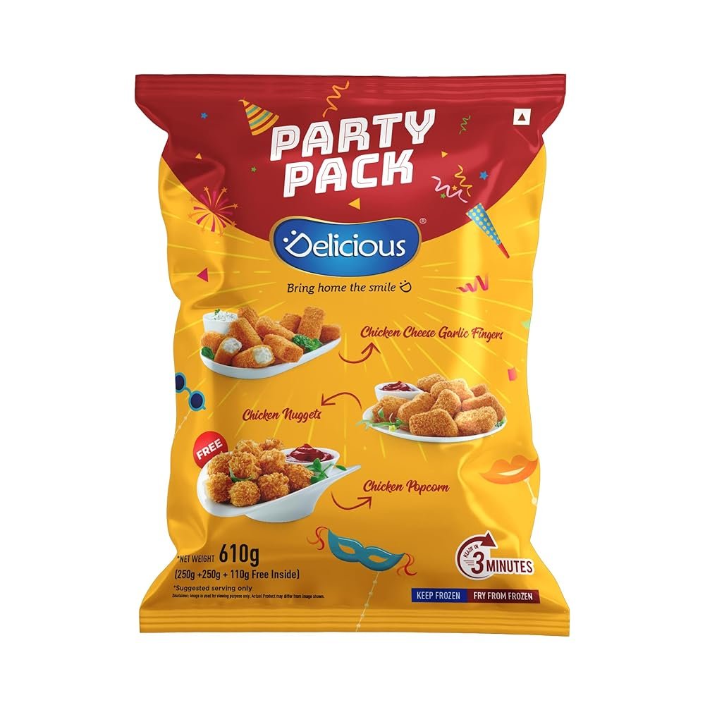 Elicious Chicken Party Pack | Nuggets-250g | Cheese Garlic Fingers-250g |Popons-110g | 610g
