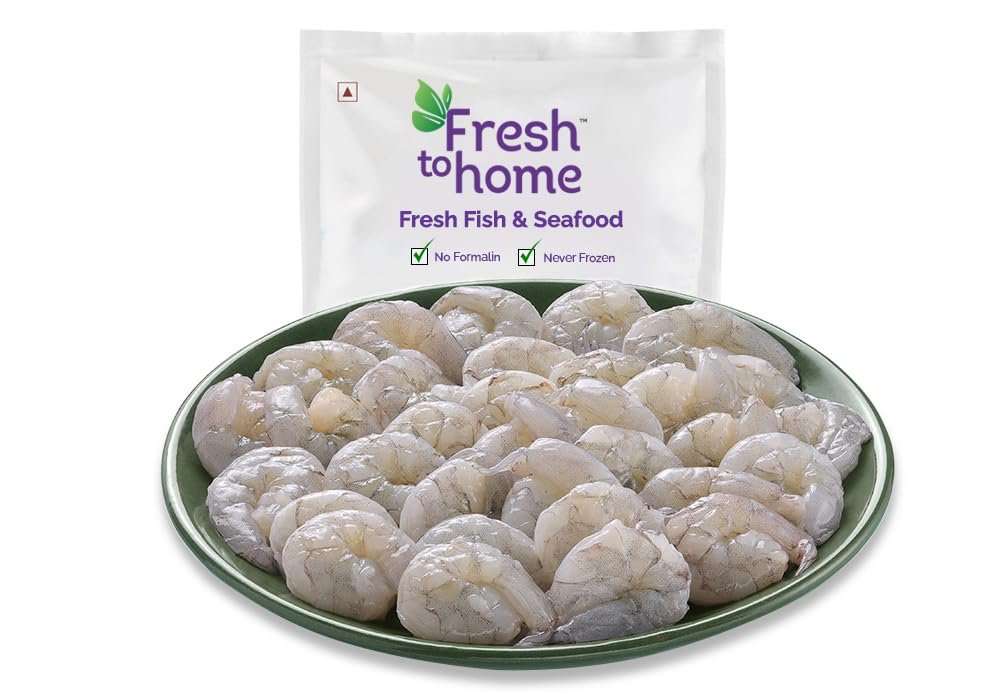 FreshToHome Prawns/Vennamei/Jinga/Chemmin (70+ count/kg) | Peeled & Deveined | 240g to 250g Pack | Fresh | Never Frozen