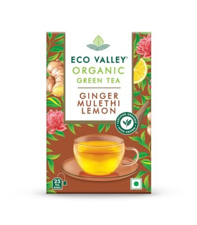 Eco Valley Organic Green Tea - Ginger Mulethi Lemon - 25 Tea Bags | Grown In Nilgiris, 42.5 grams, Pack